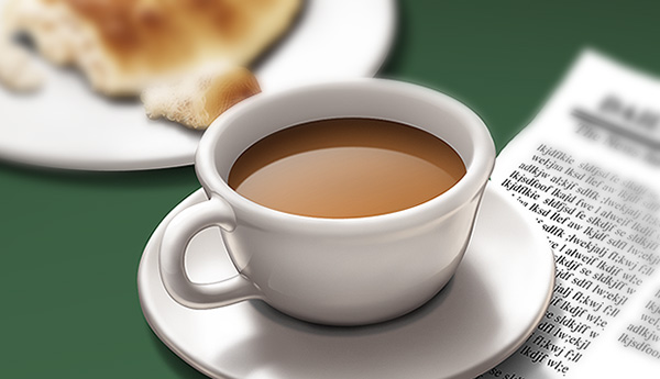 Illustration of a cup of coffee, newspaper, and crescent roll.