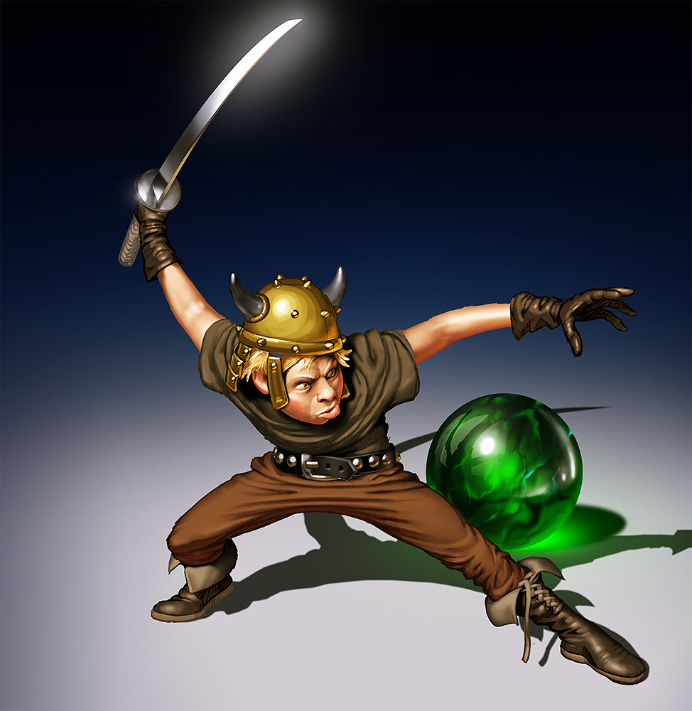 Illustration of a swordsman of small stature in a fierce fighting pose.