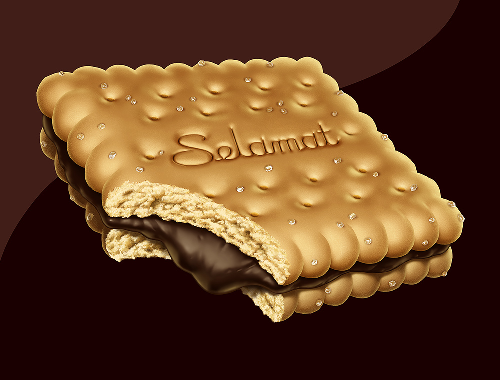 Illustration of a chocolate creme-filled cookie