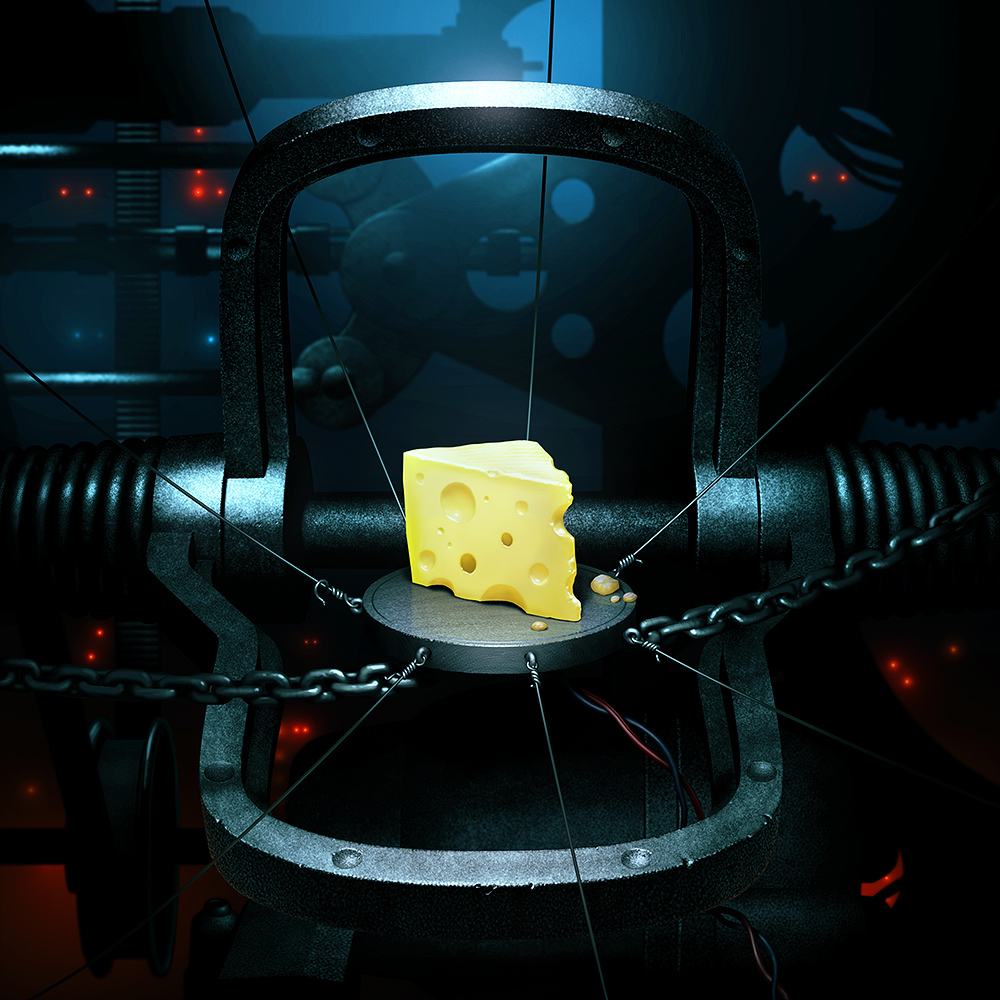Illustration of a wedge of cheese in a heavy steel machine trap-like device. Dark machinery in shadowy background.