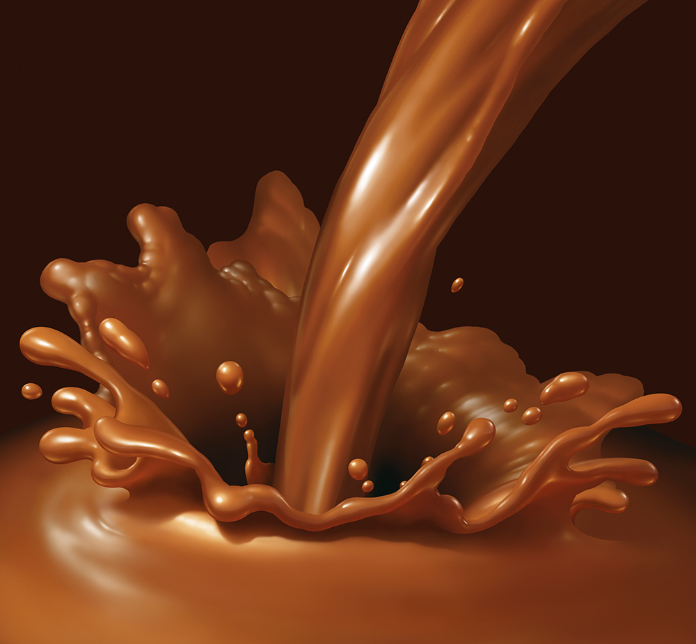 Pouring stream of chocolate liquid, with splash.