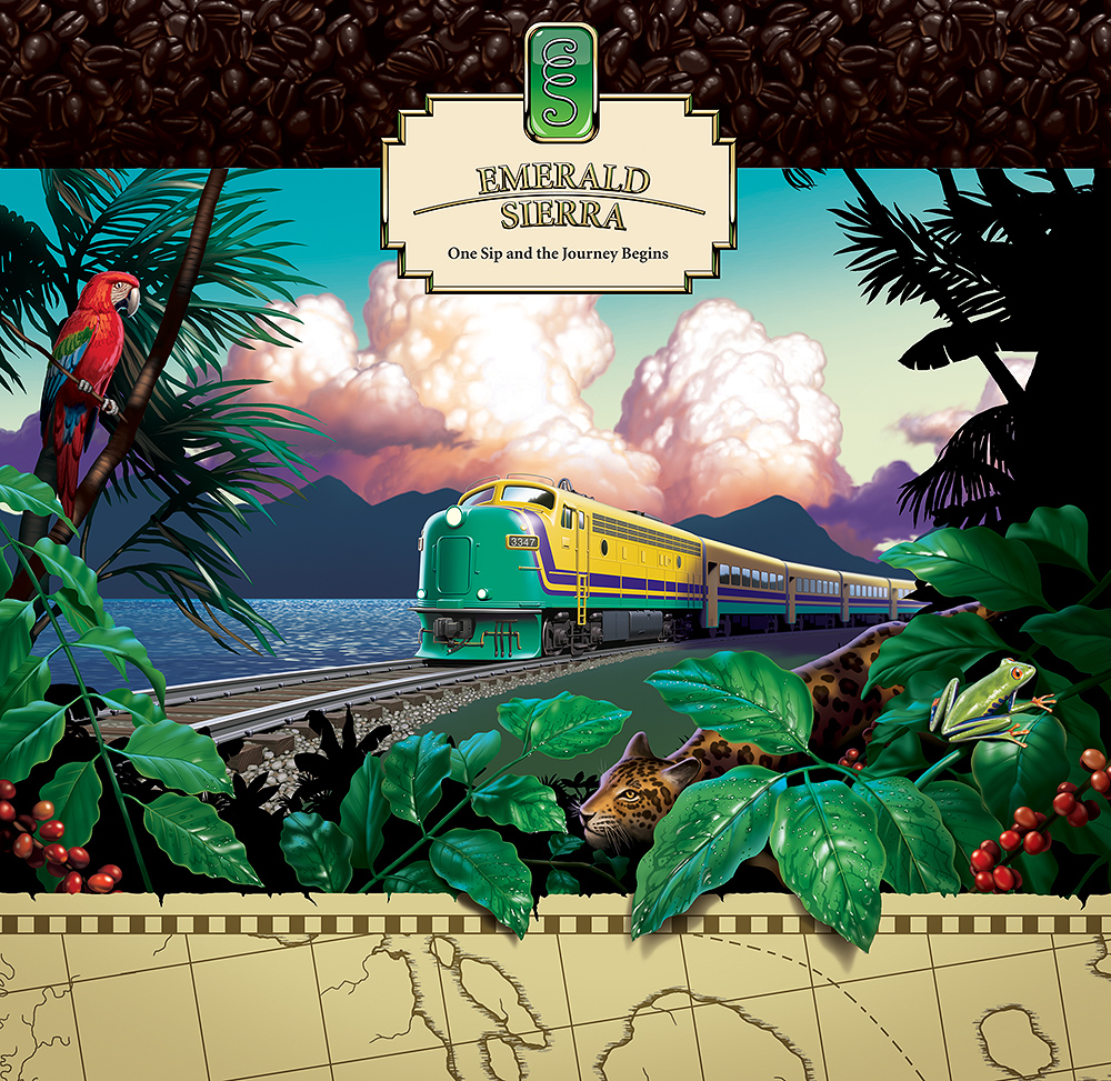 Poster art for Emerald Sierra Coffee, train and jungle landscape.