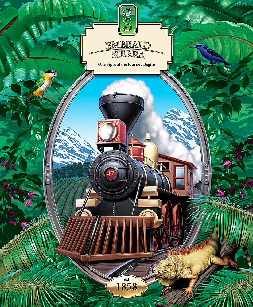 Poster art for Emerald Sierra Coffee, steam locomotive in a jungle landscape