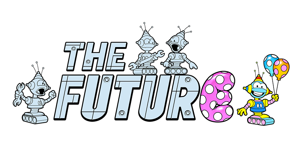 Cartoon of robots and large sign letters that spell "The Future"