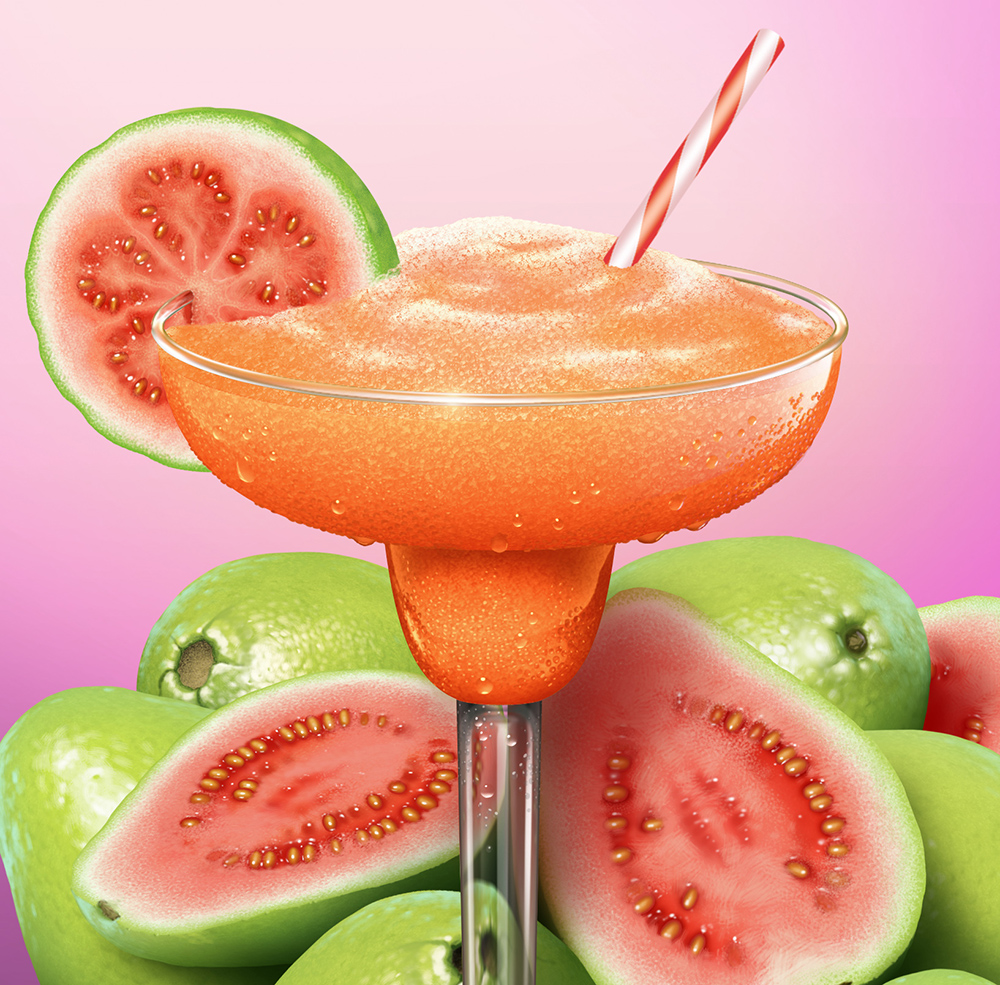 Illustration of a daquiri-style cocktail, guava halves around glass.