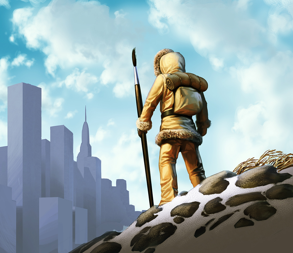 Illustration of a figure dressed in ancient-style animal skin and fur parka, holding a spear-sized paint brush; looking at city in the distance.