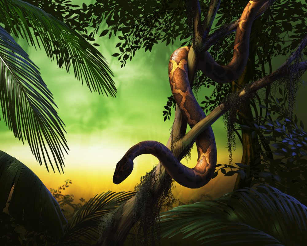 Illustration of a large snake winding around small tree, dark jungle setting.