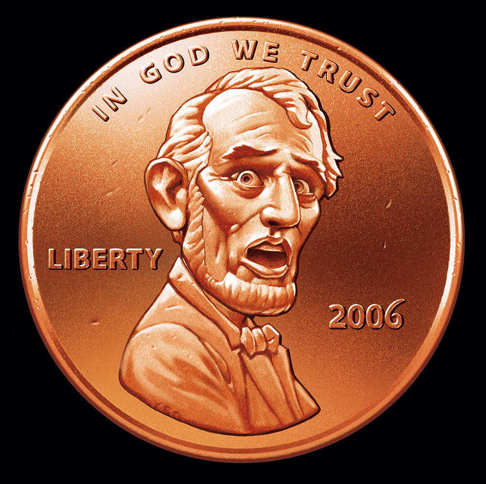 Illustration of a U.S. one cent penny, Lincoln's portrait with surprised and alarmed expression.