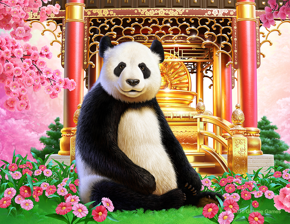 Illustration of a Panda Bear in a golden temple and flowers fantasy setting.