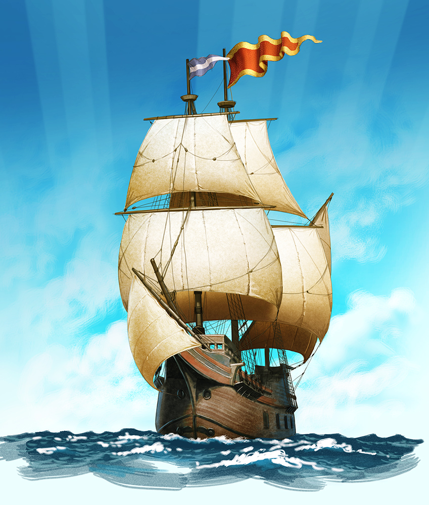 Illustration of a wooden sailing ship at sea.