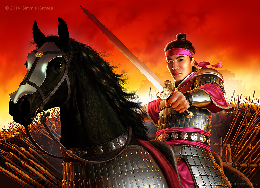Illustration of Chinese Emperor Shun with sword on horseback.