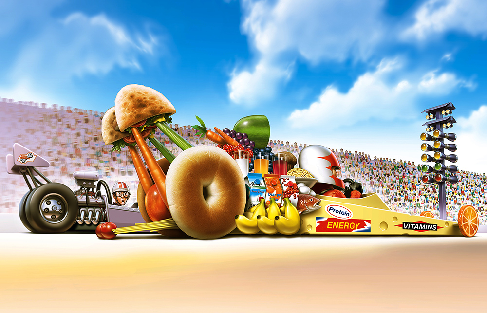 Drag-racing cars at starting line; one car made of food items. For example: tires made of bagels, body is a wedge of cheese..