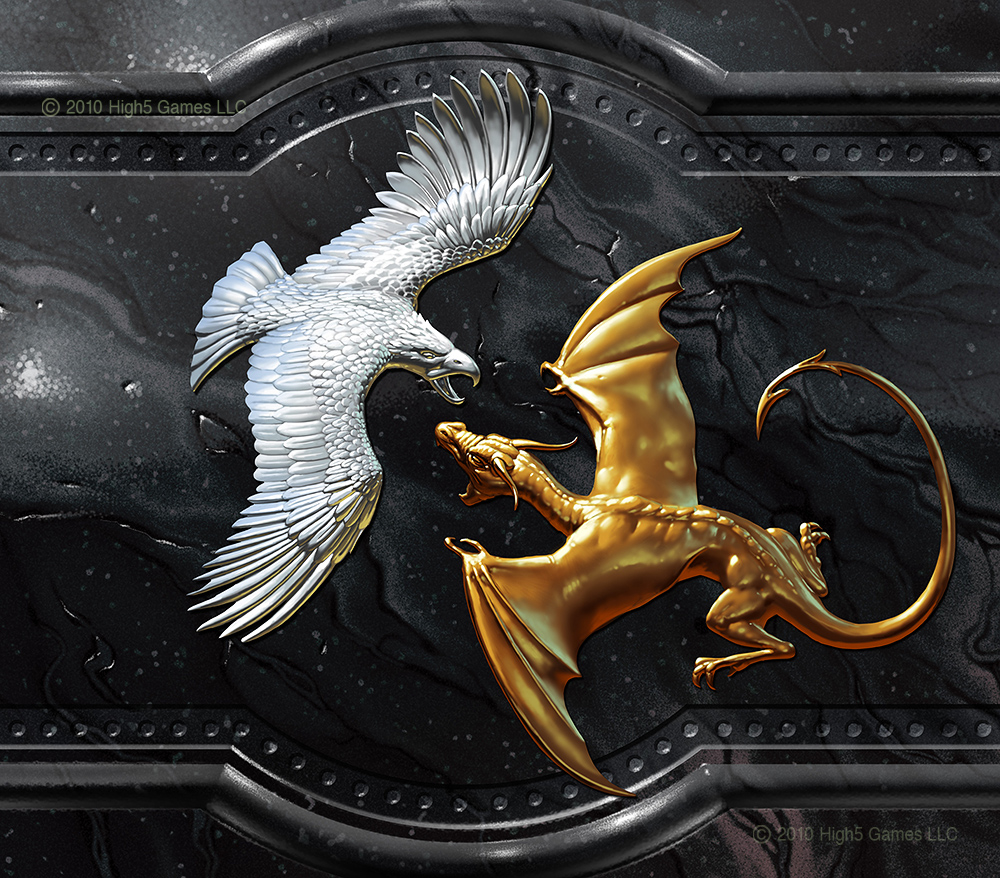 Illustration of a low relief wall decoration, sliver eagle battling gold dragon, set on black marble.