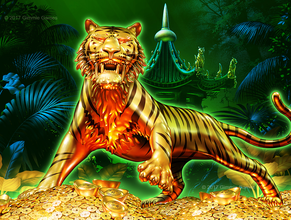 Illustration of a golden Tiger on a pile of Chinese coins and boullion.