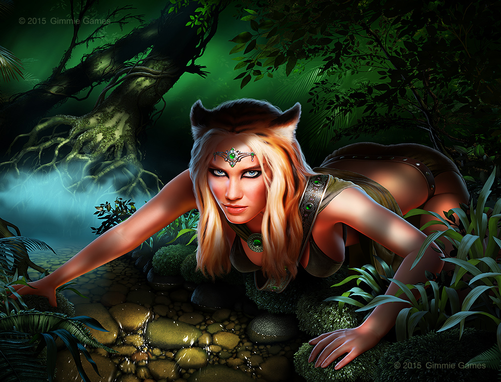Illustration of a beautiful woman with tiger ears in a jungle setting.