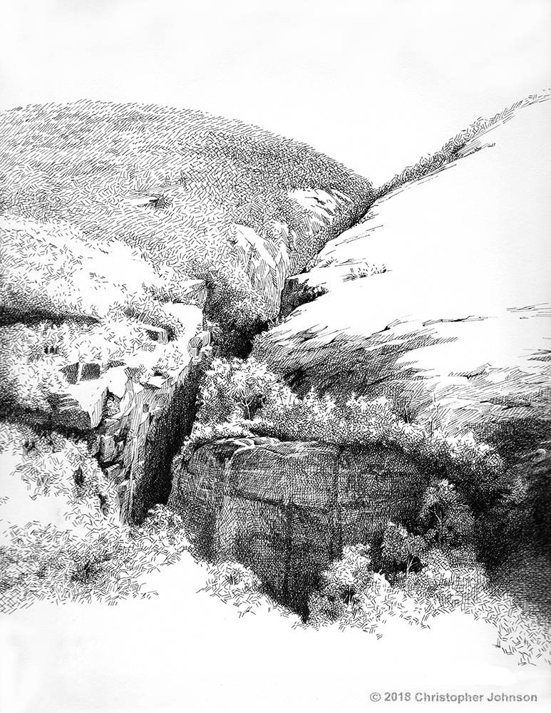 Ink on paper drawing by Christopher Johnson. View from Avalanche Pass in the Adirondack Mountains.