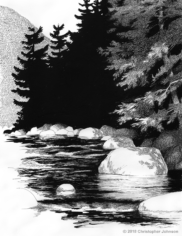 Ink on paper drawing of a Catskill Mountain stream by Christopher Johnson.